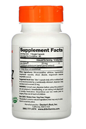 Doctor's Best, Calm-z With Zembrin, 25 Mg 60 Veggie Capsul. Usa Version.3541