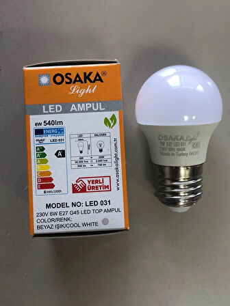 10 ADET OSAKA 6W=50W=540 LÜMEN E 27 TOP AMPÜL 6500K BEYAZ  45mmX75mm