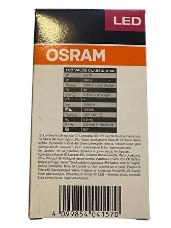 Osram 8.5W (60W) Beyaz Işık E27 Duylu Klasik Led Ampul (10 Adet)