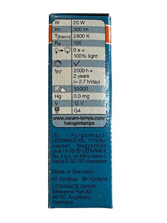 Osram 64425S Halostar Starlite 20W 12V 2800K (Sarı Işık) G4 Duylu Halojen Ampul (2 Adet)