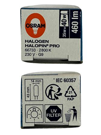 Osram Halopin Pro 35W (40W) 2800K (Sarı Işık) G9 Duylu Halojen Ampul