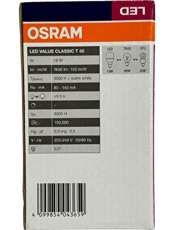 Osram 18W (96W) 3000K (Sarı Işık) E27 Duylu Led Torch Ampul (10 Adet)