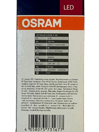 Osram 13W (100W) 2700K (Sarı Işık) E27 Duylu Led Ampul