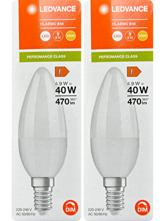 (2 Adet) Ledvance 4,9W (40W) 2700K (Sarı Işık) Dim Edilebilir E14 Duylu (İnce Duy) Led Mum Ampul