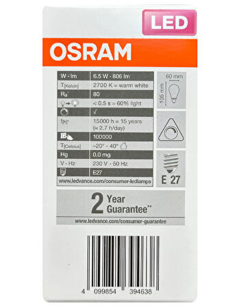 (1 Adet) Osram 6,5W (60W) 2700K (Sarı Işık) Dim Edilebilir E27 Duylu (Kalın Duy) Led Şeffaf Ampul