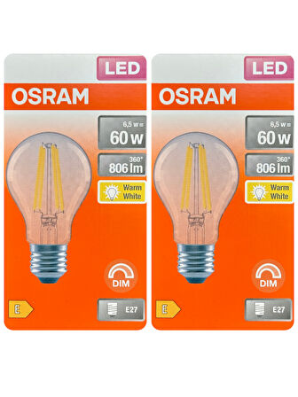 (2 Adet) Osram 6,5W (60W) 2700K (Sarı Işık) Dim Edilebilir E27 Duylu (Kalın Duy) Led Şeffaf Ampul