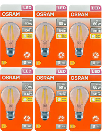 (6 Adet) Osram 6,5W (60W) 2700K (Sarı Işık) Dim Edilebilir E27 Duylu (Kalın Duy) Led Şeffaf Ampul