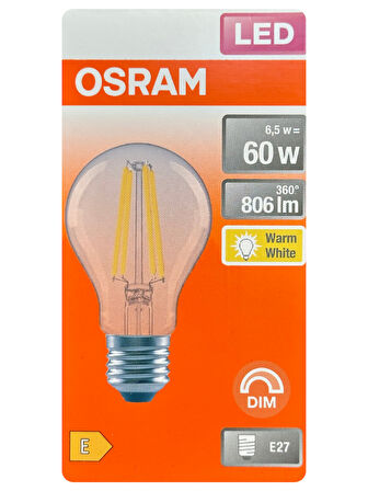 (6 Adet) Osram 6,5W (60W) 2700K (Sarı Işık) Dim Edilebilir E27 Duylu (Kalın Duy) Led Şeffaf Ampul