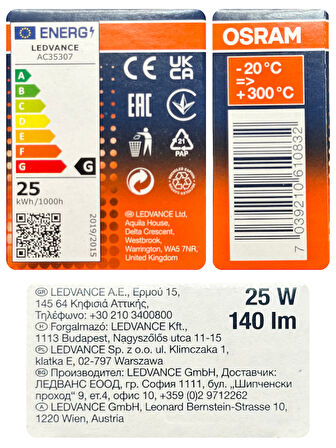 (4 Adet) Ledvance 25W Sarı Işık E14 Duylu (İnce Duy) Fırın Ampulü