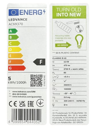 (3 Adet) Ledvance 4,9W Sarı Işık (2700K) E14 Duylu (İnce Duy) Led Ampul