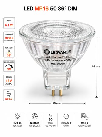 (6 Adet) Ledvance 12V AC/DC 6.1W (50W) 3000K (Sarı Işık) Dim Edilebilir GU5.3 Duylu LED Çanak Ampul