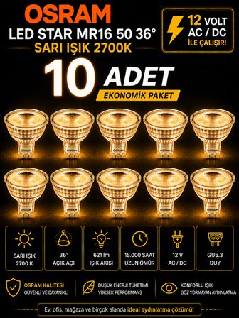 (10 Adet) Ledvance 12V AC/DC 6.1W (50W) 2700K (Sarı Işık) GU5.3 Duylu LED Çanak Ampul
