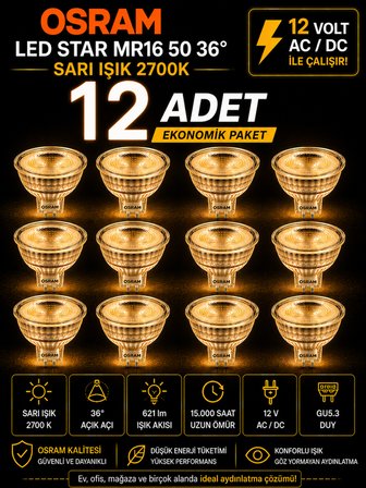 (12 Adet) Ledvance 12V AC/DC 6.1W (50W) 2700K (Sarı Işık) GU5.3 Duylu LED Çanak Ampul