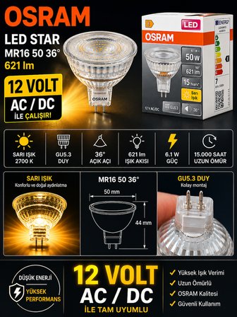 (2 Adet) Ledvance 12V AC/DC 6.1W (50W) 2700K (Sarı Işık) GU5.3 Duylu LED Çanak Ampul