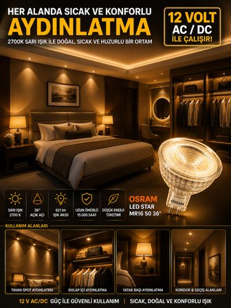 (2 Adet) Ledvance 12V AC/DC 6.1W (50W) 2700K (Sarı Işık) GU5.3 Duylu LED Çanak Ampul