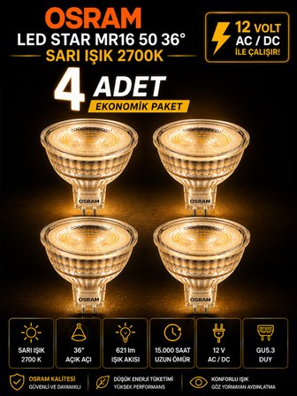 (4 Adet) Ledvance 12V AC/DC 6.1W (50W) 2700K (Sarı Işık) GU5.3 Duylu LED Çanak Ampul