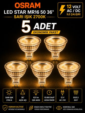 (5 Adet) Ledvance 12V AC/DC 6.1W (50W) 2700K (Sarı Işık) GU5.3 Duylu LED Çanak Ampul