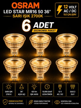 (6 Adet) Ledvance 12V AC/DC 6.1W (50W) 2700K (Sarı Işık) GU5.3 Duylu LED Çanak Ampul