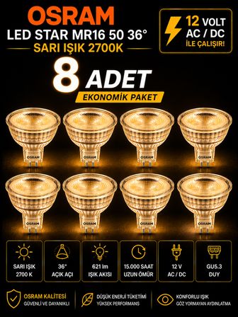 (8 Adet) Ledvance 12V AC/DC 6.1W (50W) 2700K (Sarı Işık) GU5.3 Duylu LED Çanak Ampul