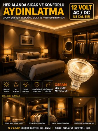 (8 Adet) Ledvance 12V AC/DC 6.1W (50W) 2700K (Sarı Işık) GU5.3 Duylu LED Çanak Ampul