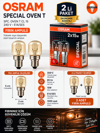 (2 li PAKET) 15W E14 Fırın Ampulü 300°C Isıya Dayanıklı Sarı Işık