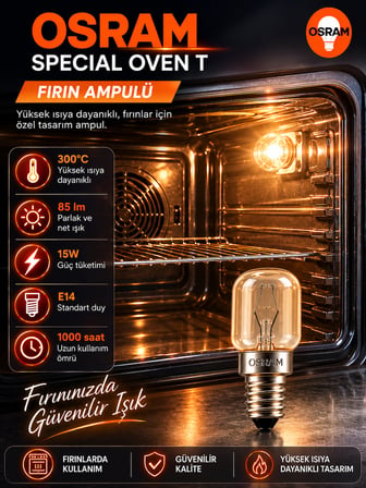 (2 li PAKET) 15W E14 Fırın Ampulü 300°C Isıya Dayanıklı Sarı Işık