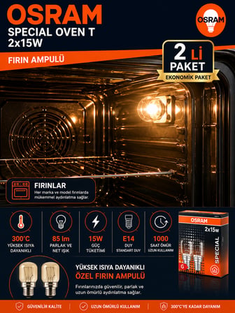 (2 li PAKET) 15W E14 Fırın Ampulü 300°C Isıya Dayanıklı Sarı Işık