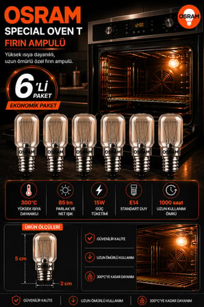 (6 lı PAKET) 15W E14 Fırın Ampulü 300°C Isıya Dayanıklı Sarı Işık