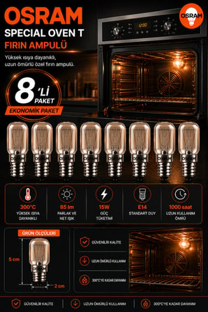 (8 li PAKET) 15W E14 Fırın Ampulü 300°C Isıya Dayanıklı Sarı Işık