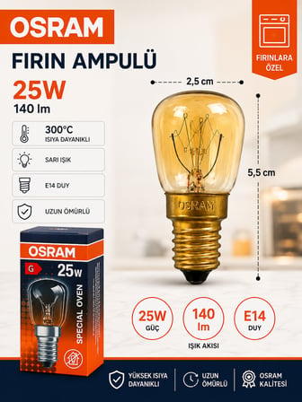 (1 Adet) 25W E14 Fırın Ampulü 300°C Isıya Dayanıklı Sarı Işık