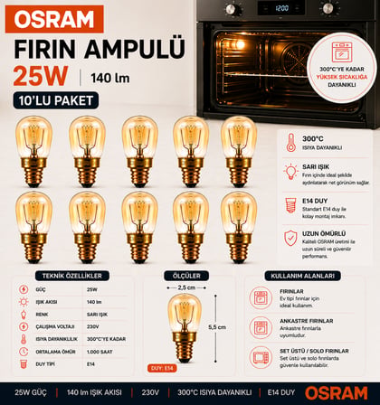 (10 Adet) 25W E14 Fırın Ampulü 300°C Isıya Dayanıklı Sarı Işık