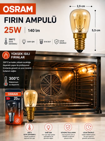 (4 Adet) 25W E14 Fırın Ampulü 300°C Isıya Dayanıklı Sarı Işık