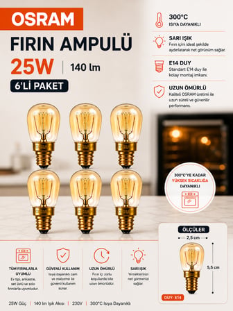 (6 Adet) 25W E14 Fırın Ampulü 300°C Isıya Dayanıklı Sarı Işık