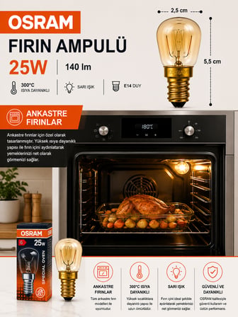 (6 Adet) 25W E14 Fırın Ampulü 300°C Isıya Dayanıklı Sarı Işık