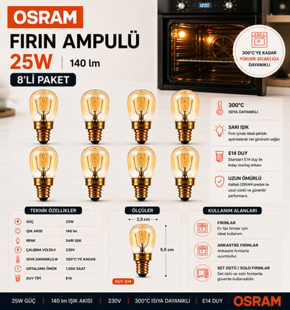 (8 Adet) 25W E14 Fırın Ampulü 300°C Isıya Dayanıklı Sarı Işık
