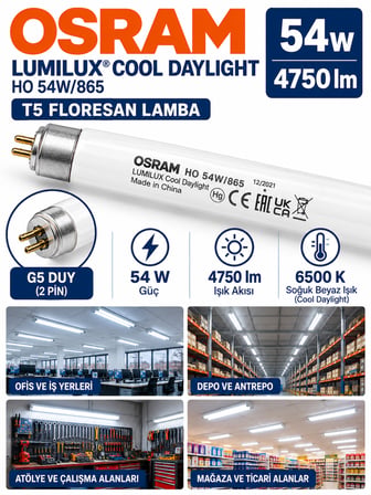 (1 Adet) Osram 54W 865 Beyaz (6500K) G5 Duylu T5 Floresan