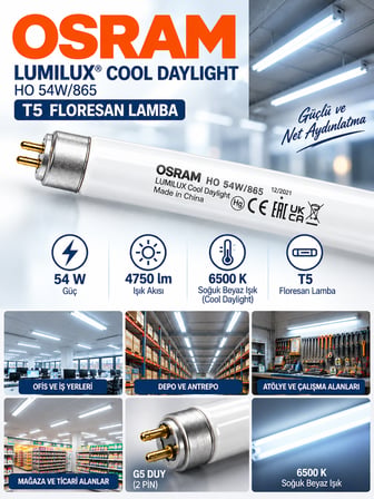 (1 Adet) Osram 54W 865 Beyaz (6500K) G5 Duylu T5 Floresan