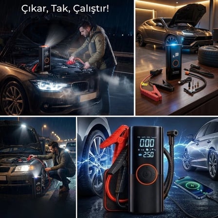 Akü Takviye Cihazı ve Lastik Şişirme Pompası – Powerbank Özellikli, Dijital Ekranlı SOS Fenerli Taşınabilir Kompresör (5324)