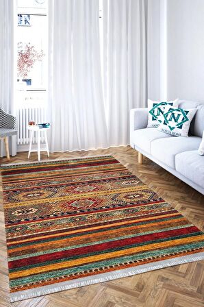 Yıkanabilir Kaymaz Tabanlı Dijital Baskılı Cotton Serisi Dokuma Kilim Efektli Halı.