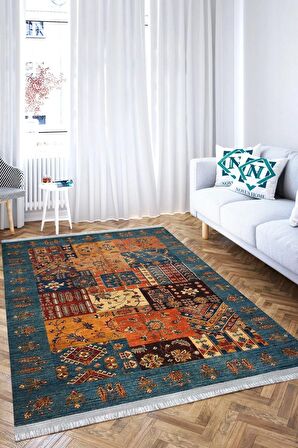 Yıkanabilir Kaymaz Tabanlı Dijital Baskılı Cotton Serisi Eskitme Kilim Efektli Halı.