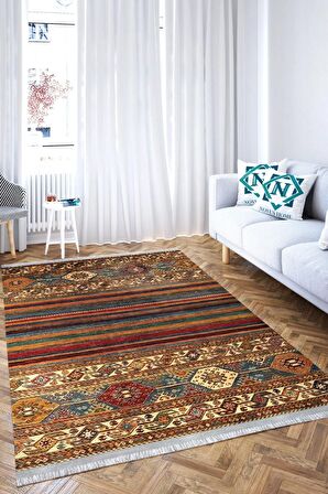 Yıkanabilir Kaymaz Tabanlı Dijital Baskılı Cotton Serisi Dokuma Kilim Efektli Halı.