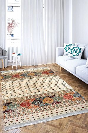 Yıkanabilir Kaymaz Tabanlı Dijital Baskılı Cotton Serisi Eskimiş Kilim Efektli Halı.