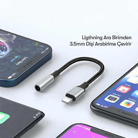 Tak Çalıştır Lightning to Aux 3.5mm Kulaklık Jak Dönüştürücü Alüminyum Alaşım Kırılmaz Örgü Kablo