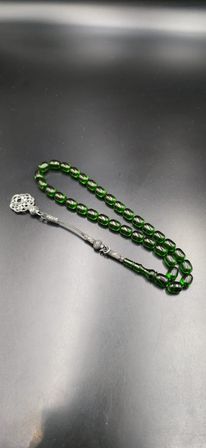 Ateş Kehribar Tespih 9x12 mm 1000 Ayar Gümüş Kazaz Püsküllü Yeşil