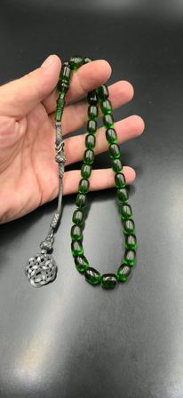 Ateş Kehribar Tespih 9x12 mm 1000 Ayar Gümüş Kazaz Püsküllü Yeşil