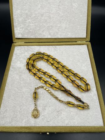 Rodajlı Gold Gümüş İp Yolları Eskitme Ateş Kehribar Tespih – 11x8 mm | 32 gr