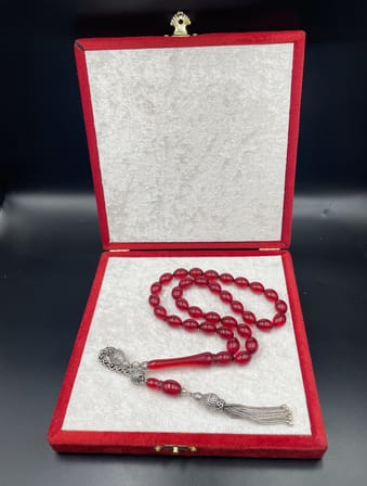 Sülün İmameli Arma Kesim Ateş Kehribar Tespih – 12x9 mm | 925 Ayar Gümüş