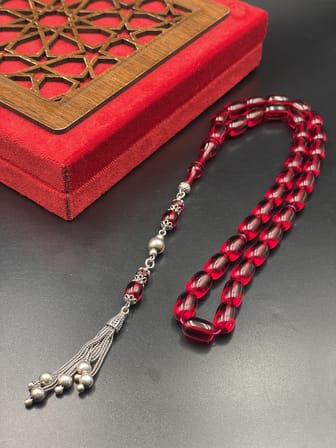 925 Ayar Gümüş Dizayn Kapsül Kesim Ateş Kehribar Tespih – 13x8 mm