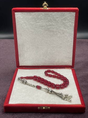Alpaka Püsküllü Kapsül Kesim Kırmızı Ateş Kehribar Tesbih (7x11 mm)