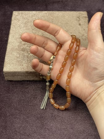 Alpaka Zincir Püsküllü Kapsül Kesim Turuncu Ateş Kehribar Tesbih (7x11 mm)